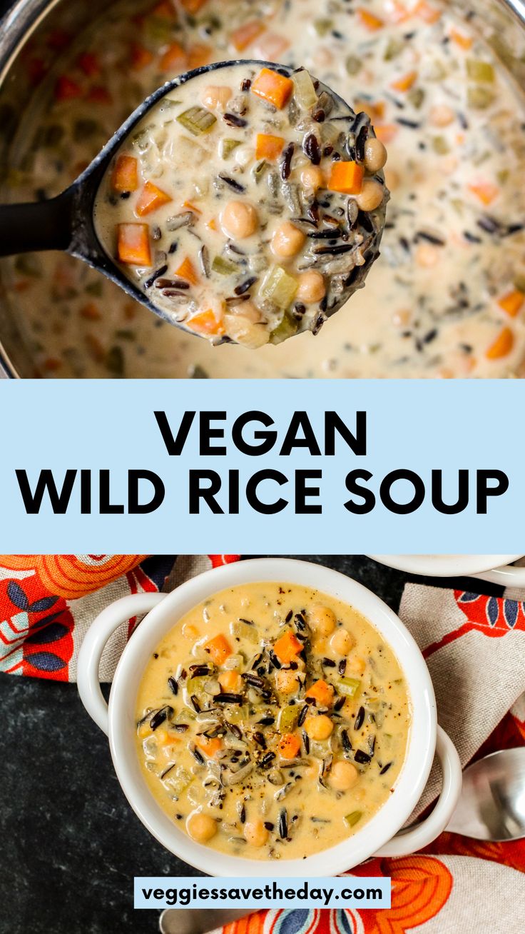 vegan wild rice soup in a pot with a spoon