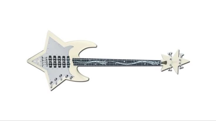 a white guitar with an intricate design on the body and neck, is shown against a white background