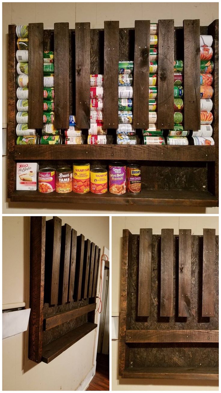 the shelves are made out of pallets and have canned food in them, along with other items