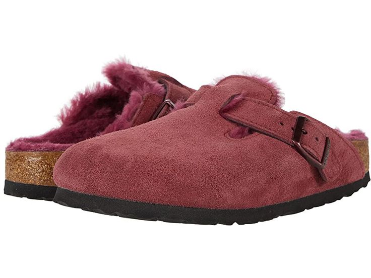 Birkenstock Boston Shearling - Clog Shoes : Maroon/Maroon Suede/Shearling : The Boston Suede from Birkenstock is a classic clog that will add style and comfort to your wardrobe. Soft premium suede upper with a matching adjustable strap for a perfect fit. Anatomically correct cork footbed, crafted from cork that is 100% renewable and sustainable, encourages foot health. The shearling lined, contoured footbed will mold to the shape of your foot creating a custom footbed that supports and cradles y Winter Suede Clogs With Leather Footbed, Winter Clogs With Suede Lining And Comfortable Style, Winter Comfortable Clogs With Suede Lining, Winter Clogs With Suede Lining, Winter Shearling Clogs With Cushioned Footbed, Winter Sheepskin Slip-on Clogs, Leather Clogs With Faux Fur Lining For Winter, Winter Sheepskin Clogs With Suede Lining, Winter Leather Clogs With Faux Fur Lining