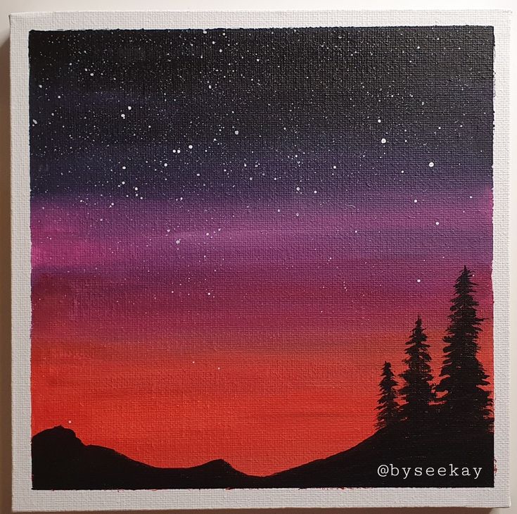 an acrylic painting of the night sky with stars and trees on it's horizon