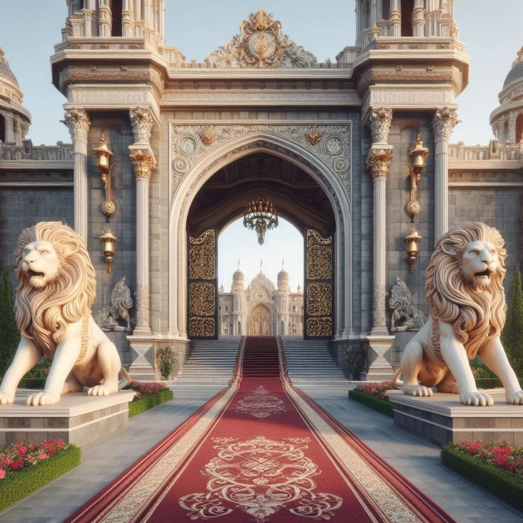 two lion statues sitting on top of a red carpet in front of an ornate building