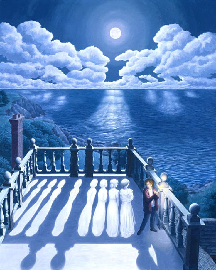 a painting of people standing on a balcony overlooking the ocean at night with clouds in the sky