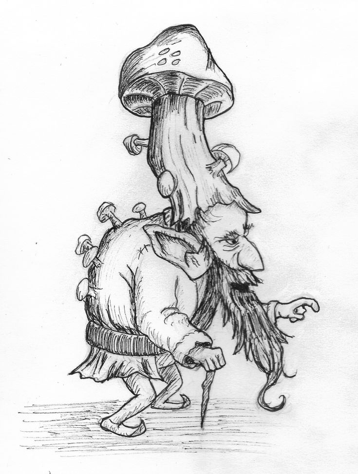 an ink drawing of a mouse carrying a mushroom on his back, while another mouse is holding