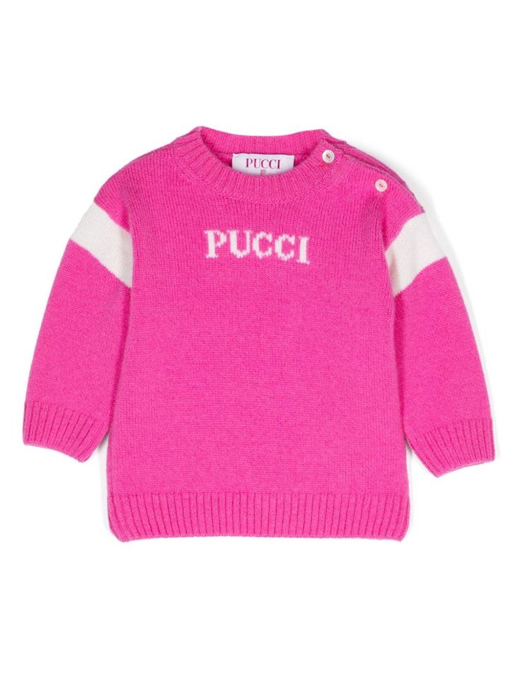 fuchsia pink wool-cashmere blend knitted construction crew neck intarsia-knit logo long sleeves ribbed cuffs and hem straight hem button fastening at the shoulder Dress With Jean Jacket, Baby Boy Accessories, Dolce And Gabbana Kids, Boys Accessories, Cashmere Wool, Stella Mccartney Kids, Shirt And Pants, Skirted Swimwear, Swimwear Tops