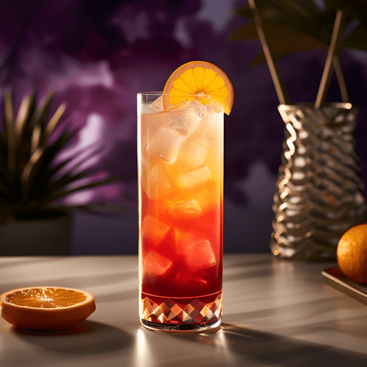 a tall glass filled with ice and an orange slice sitting on top of a table