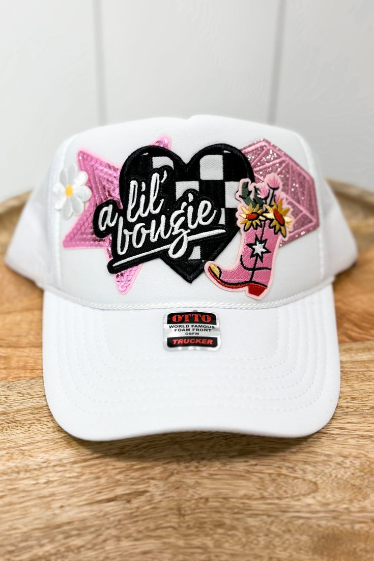 Join the fun and get your custom made trucker hat!! Each custom hat is on an Otto brand snap back trucker hat!! So comfortable with built in cushioned band. A Little Bougie - 6 patches. Trucker Hat Inspo Patches, Adjustable Snapback Trucker Hat With Patches, Adjustable Trucker Hat With Patches, Patched 5-panel Trucker Hat, White Patches Trucker Hat, White Trucker Snapback Hat With Patches, White Snapback Trucker Hat With Patches, Custom White Snapback Hat, Trendy White Trucker Hat With Patches