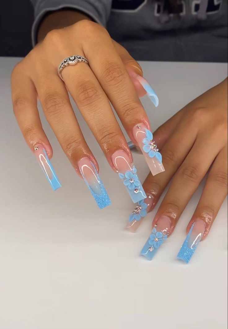 ˚୨୧⋆ @bella2angel Long Acrylic Nails Light Blue, Blue Birthday Nails Black Women, Baby Blue Valentine Nails, Light Blue Graduation Nails, Blue Spring Nails Acrylic, Light Blue Nails Prom, Light Blue Birthday Nails, Light Blue Spring Nails, 18th Bday Nails