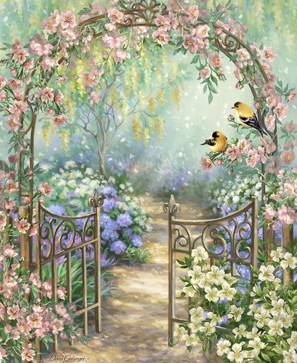 an oil painting of a garden with flowers and birds on it's gates,