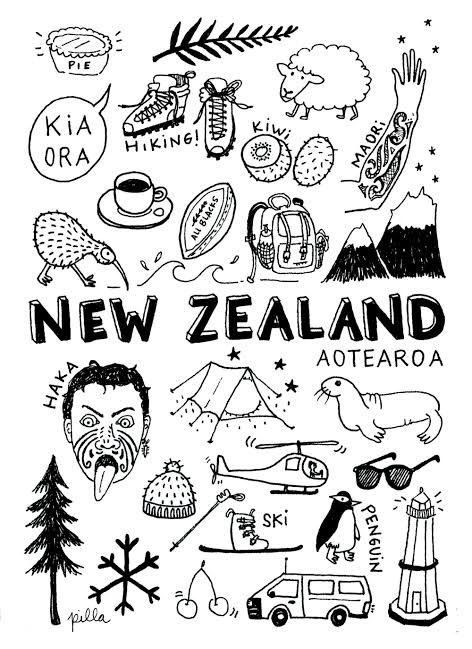 a black and white drawing with the words new zealand written in different languages on it