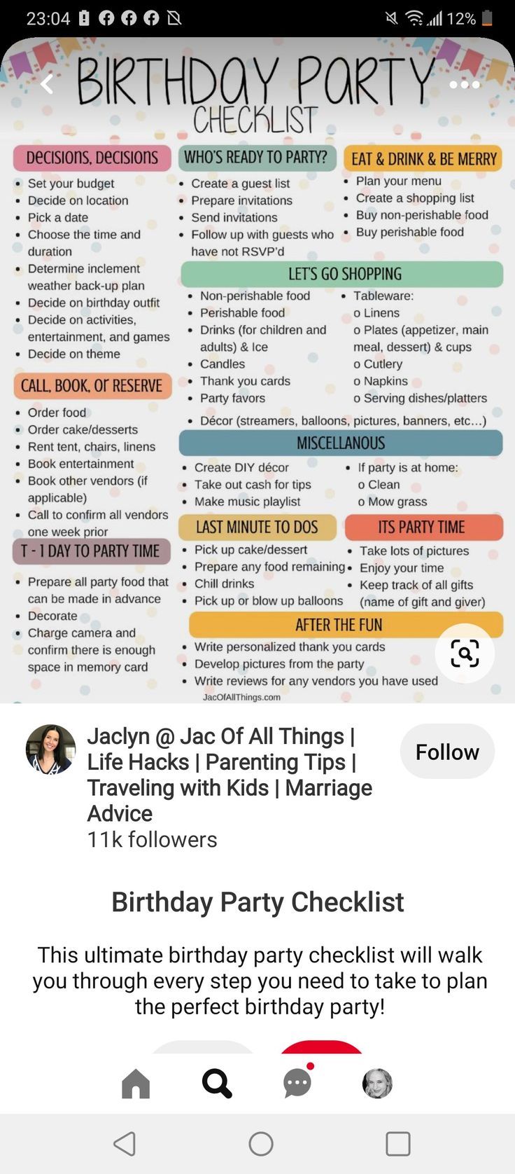 the birthday party checklist is displayed on an iphone screen, and it's full text
