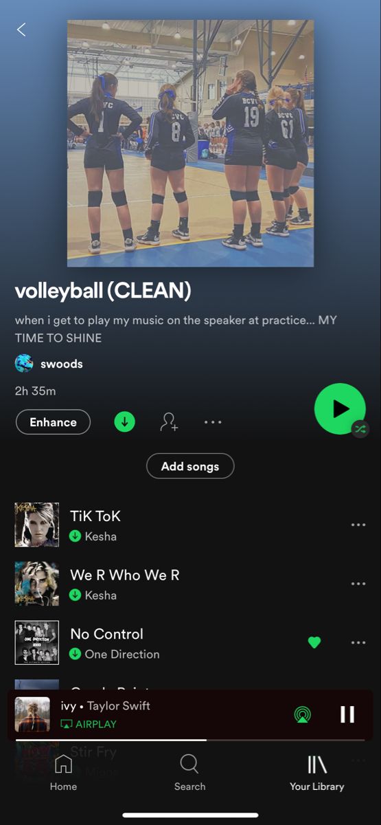 an iphone screen showing the volleyball team's playlist and player name on it