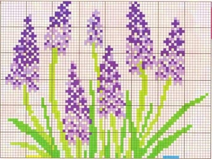 a cross stitch pattern with purple flowers