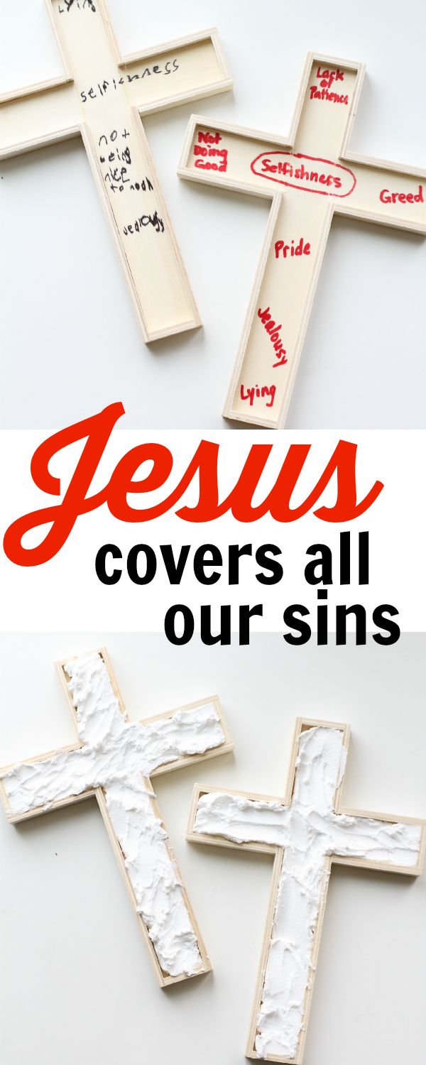 the words jesus covers all our sons written in red and white on top of wooden crosses