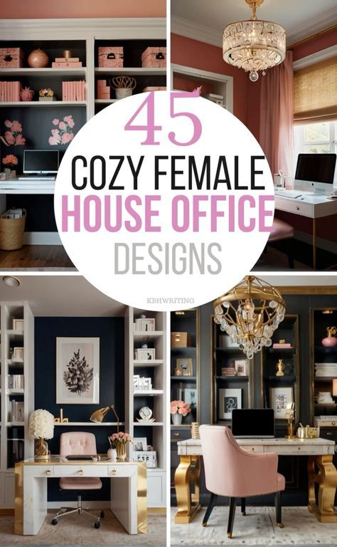 four different pictures with the words cozy female house office designs in pink and gold colors