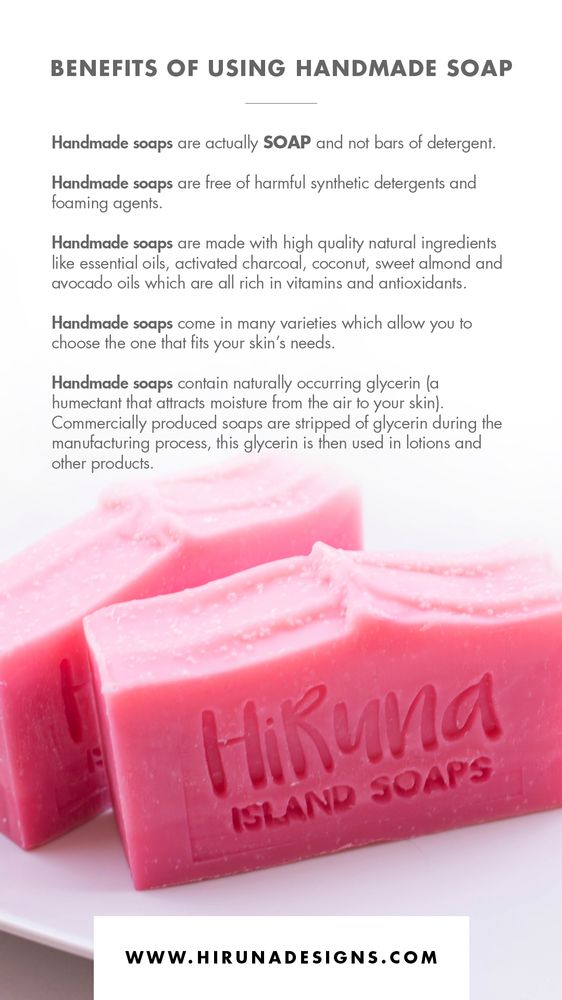 three pink soap bars on a white plate with the words, benefits of using handmade soap