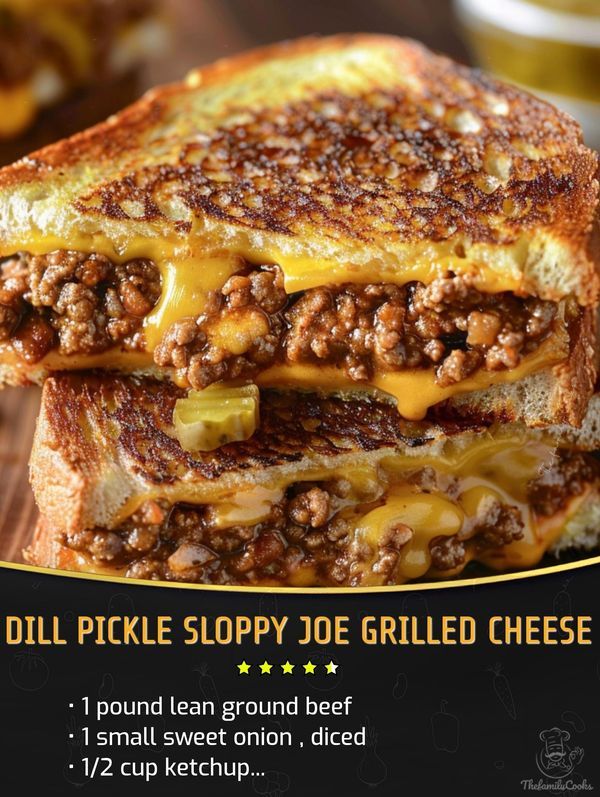 a grilled cheese sandwich with pickle sloppy joes on the side and text that reads dill pickle sloppy joe grilled cheese