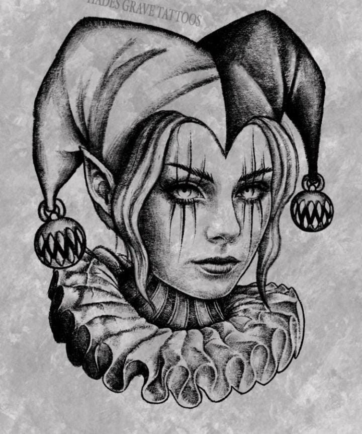 a drawing of a woman wearing a clown hat