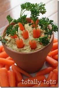 carrots and celery are arranged in a bowl with hummus on top