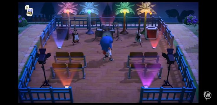 an animated image of people standing in front of some benches and chairs with lights on them