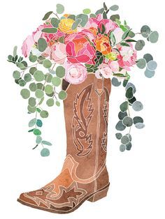 a drawing of a cowboy boot with flowers in it