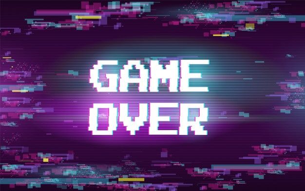 the text game over in pixel style on a dark background with purple and blue colors