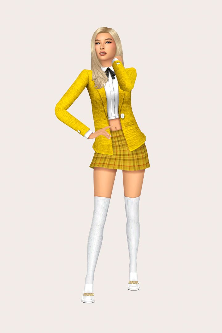 a woman in a short skirt and yellow jacket