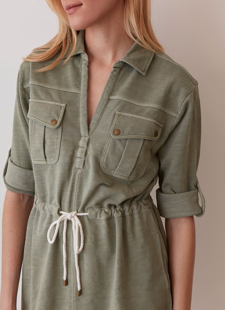 Work, Weekend, and Everything In between, Where utility gets a stylish upgrade. Featuring snap details, adjustable drawcord and a shirt tail hem. Perfect for errands or leisurely brunches, this dress is a versatile essential for the woman on the move. This garment dye jumpsuit features perfectly lived it natural look. Made with 100% traceable mineral dyes that are naturally beautiful, eco-friendly, and biodegradable. Natural dyes are an excellent alternative to petroleum-based dyes that dominate 2023 Tops, Chic Top, Mini Dress Casual, Naturally Beautiful, Natural Look, Natural Dyes, Elegant Dresses, Sustainable Fashion, Casual Dress