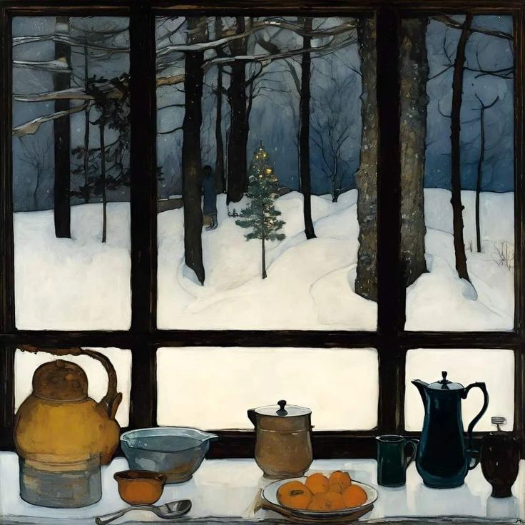 a painting of a snowy scene with tea kettles and bowls on a window sill