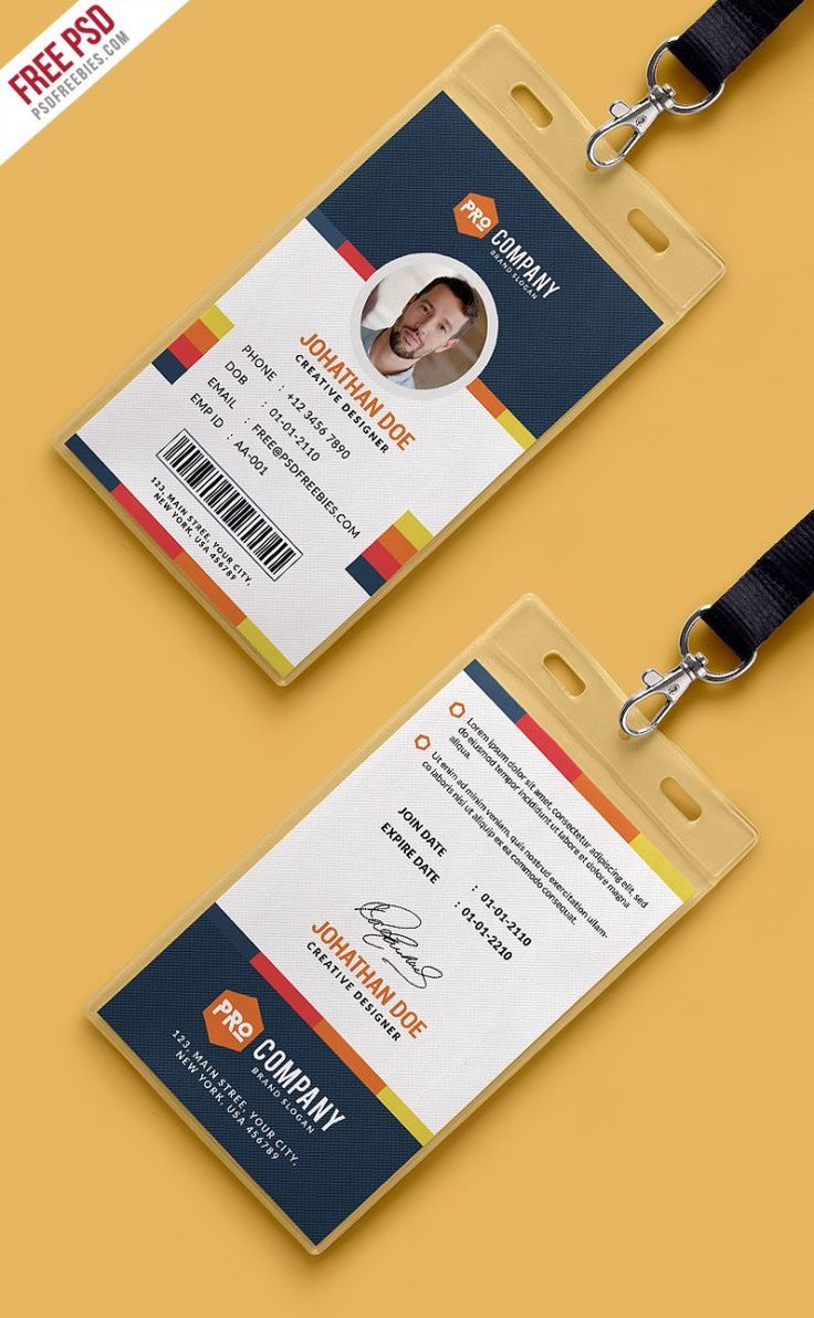 two id cards with lanyards attached to each other on a yellow and blue background