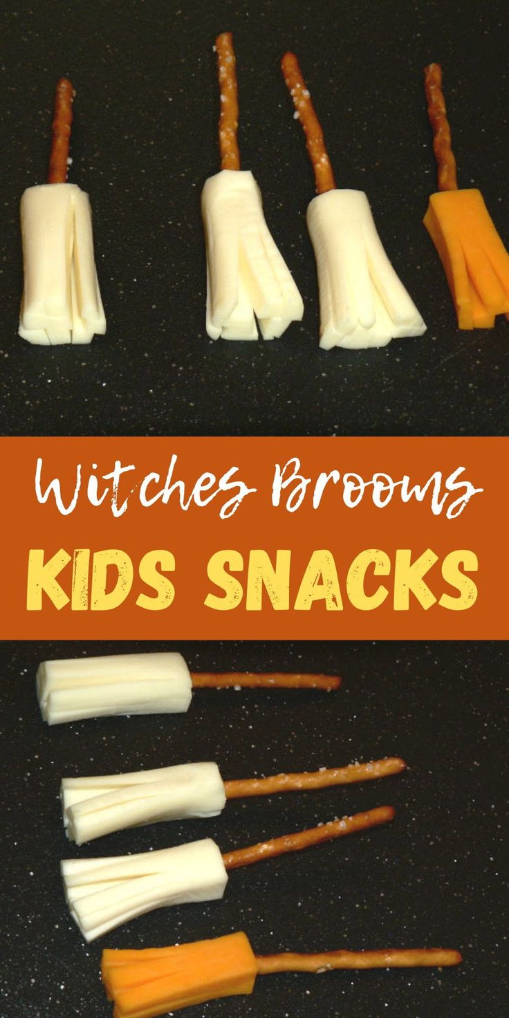 witches brooms and kids's snacks on a black table with text overlay