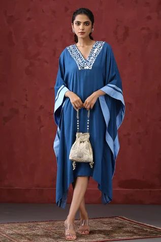 Shop for Minaki Blue Georgette Mirror Embroidered Neckline Kaftan for Women Online at Aza Fashions Blue Kaftan, Kaftan For Women, Printed Kaftan, Kaftan Designs, Potli Bag, Long Kaftan, Dressing Style, Pattern Embroidery, Embroidered Neckline