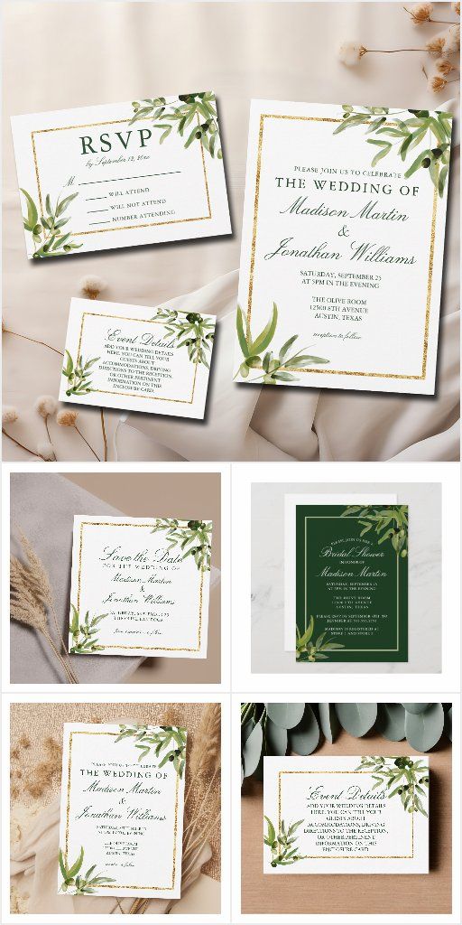 wedding stationery with green leaves and gold trimmings on the front, in different colors