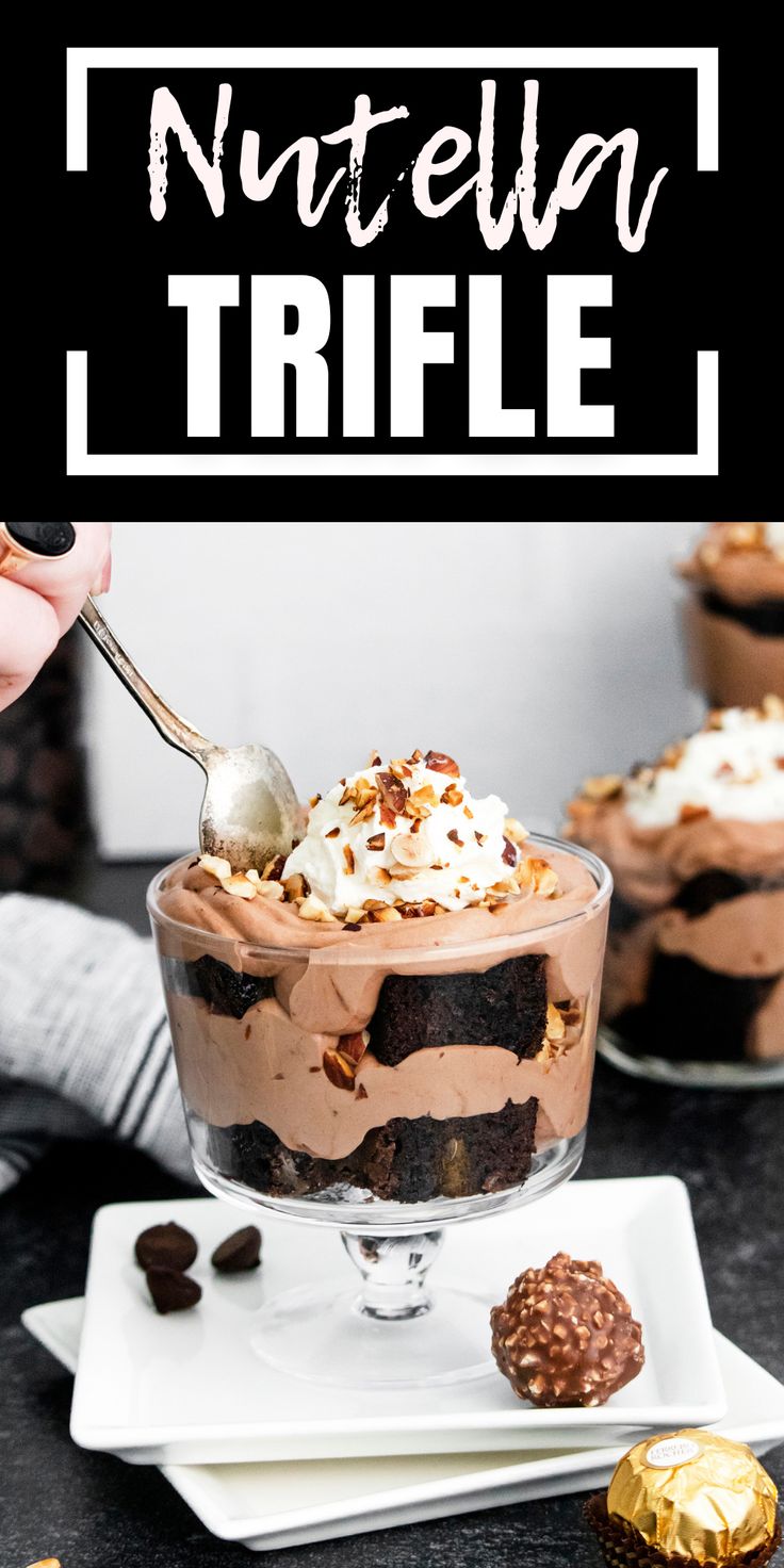 a chocolate trifle in a glass dish with a spoon