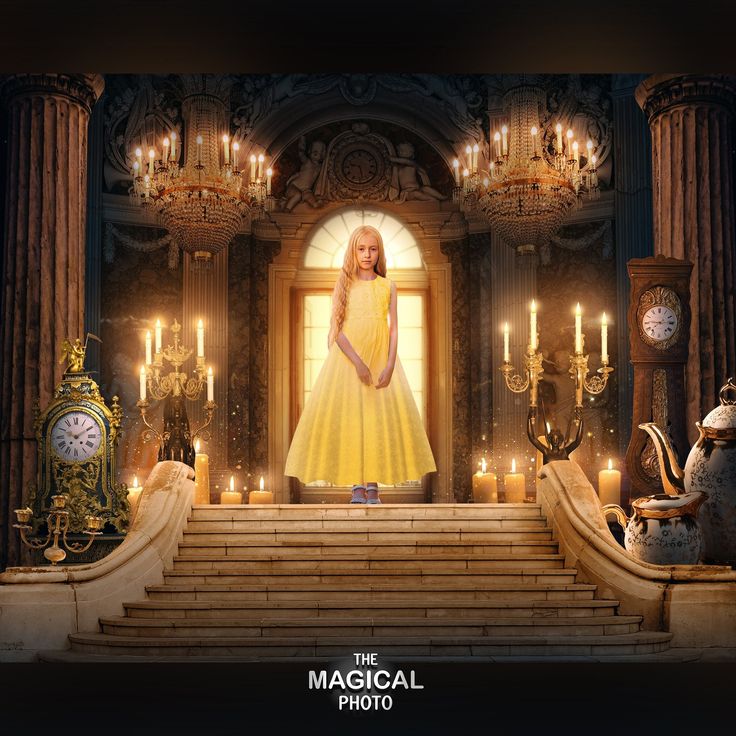 a woman in a yellow dress is standing on some stairs with candles and clocks behind her