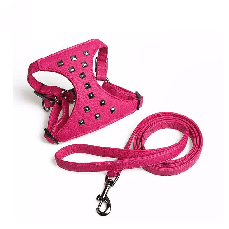 a pink dog leash with studded details on the front and side of it, sitting next to a white background