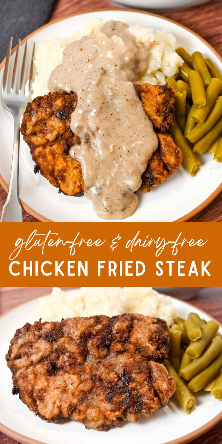 chicken fried steak with gravy and green beans