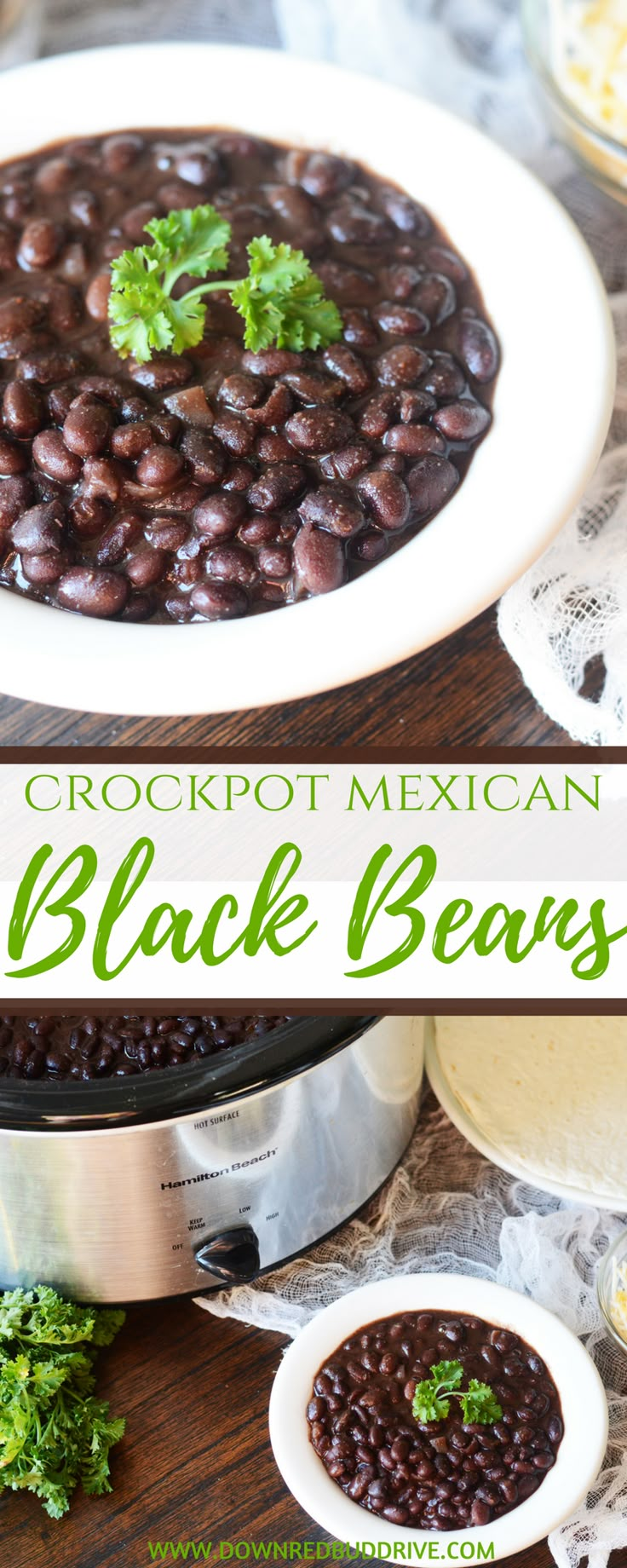 black beans in a crockpot with cilantro and mexican seasoning on the side