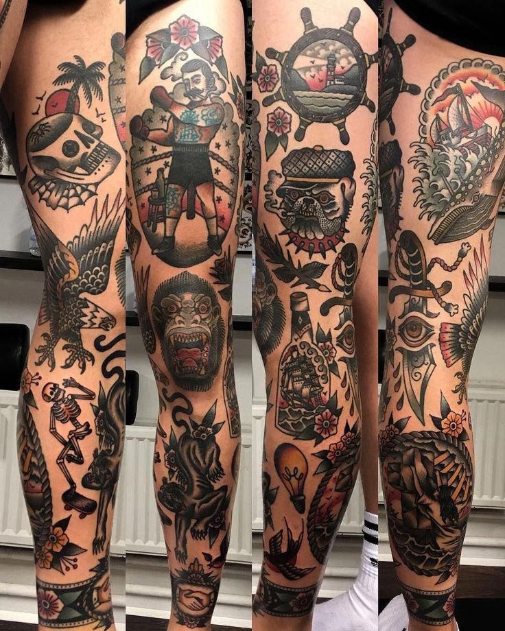 the legs are covered in many different tattoos