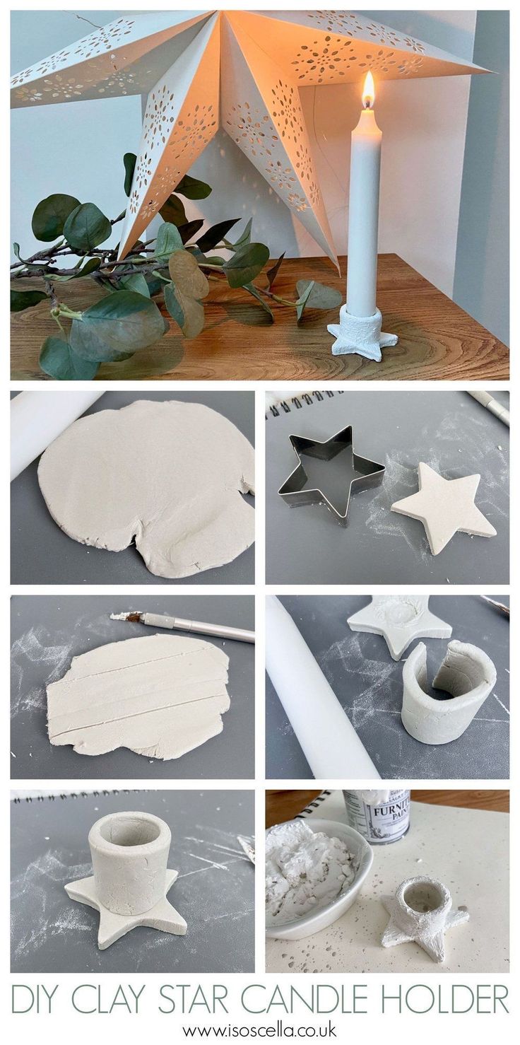 diy clay star candle holder with instructions to make it in the shape of a christmas tree