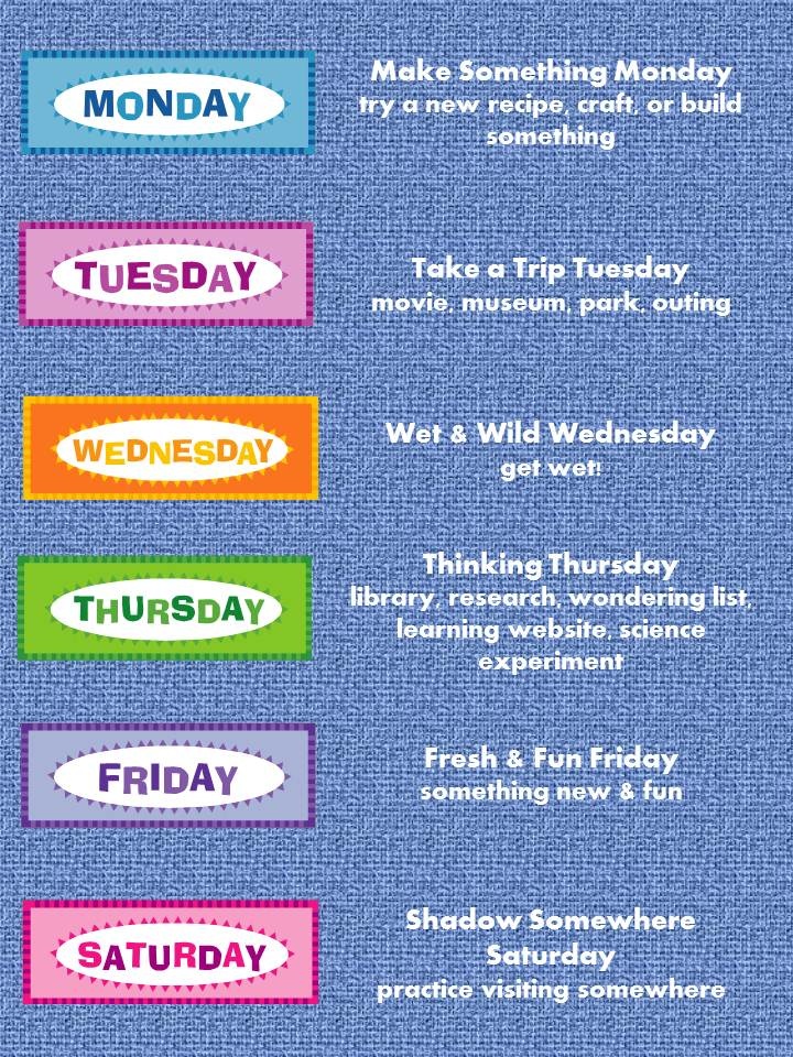 a blue background with different colored words on it and the words monday, friday, friday