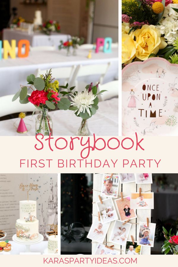 a collage of photos with flowers and pictures on the table in front of them that say, storybook first birthday party