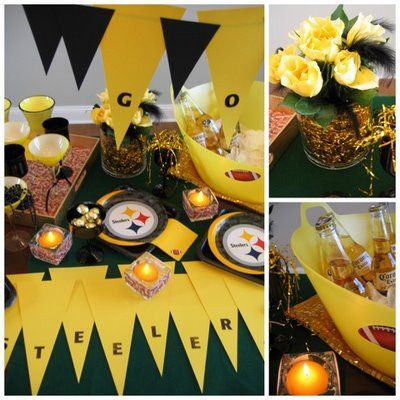 a football themed party with yellow and black decorations, plates, napkins and candles