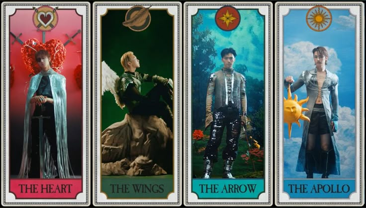 four different tarot cards with the same character in each card, one has an arrow