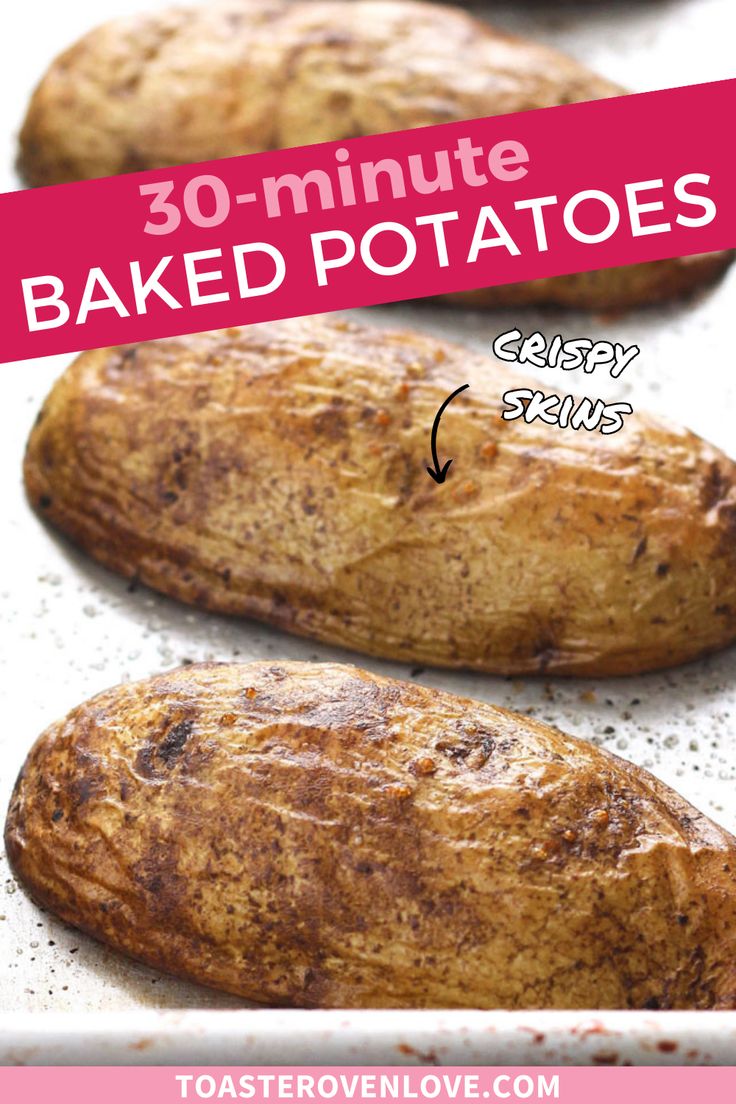 Roasted potato halves on a sheet pan with an arrow pointing to the potato skins and text "crispy skins" next to it. Half Potatoes Baked, Upside Down Baked Potatoes, Roasted Half Potatoes In Oven, Roasted Potato Halves, Roast Baked Potatoes, Halved Baked Potatoes, Baked Half Potatoes In The Oven, Baked Idaho Potatoes In The Oven, Quick Baked Potatoes In The Oven