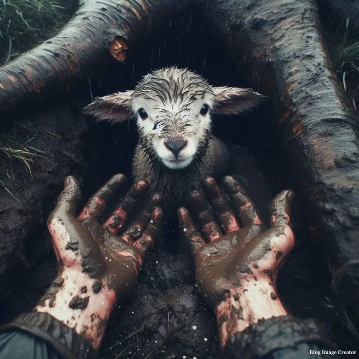 a sheep is sitting in the mud with his hands on it's face and head