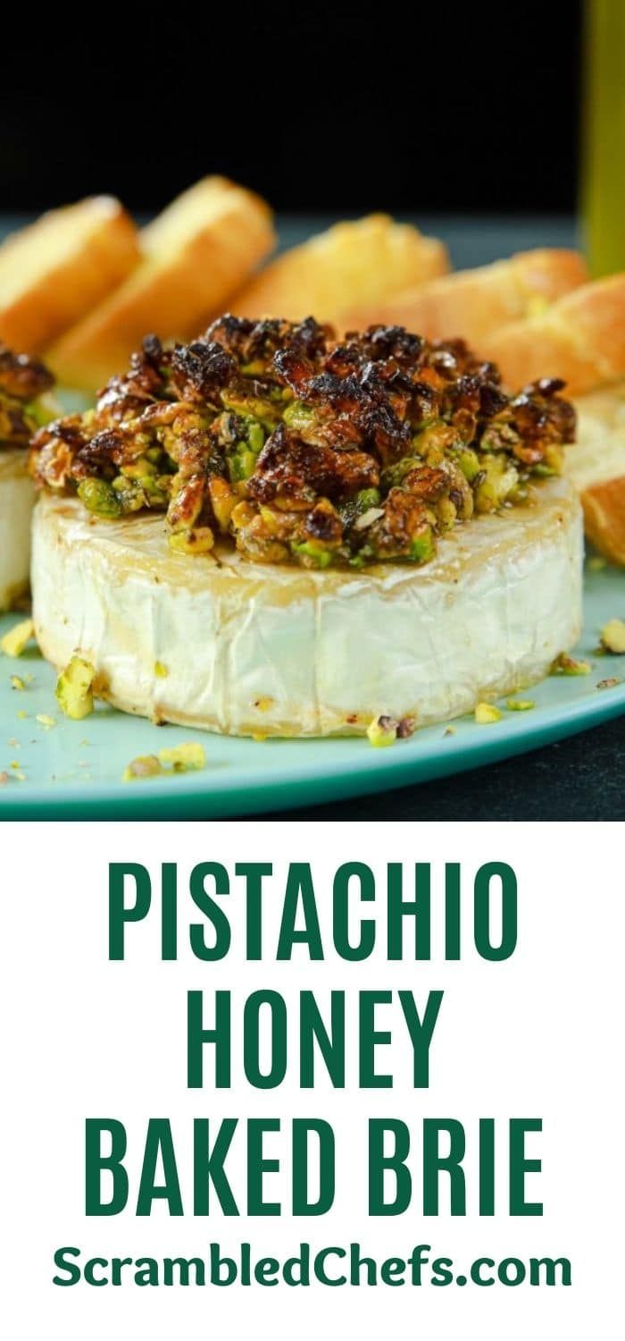 a close up of a plate of food with bread on it and the words pistachio honey baked brie