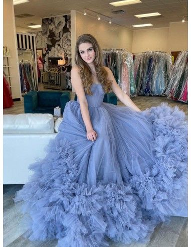 Tulle Long Prom Dress, Sweep Train Prom Dress, Elegant Ball Gowns, Blue Ball Gowns, A Line Evening Dress, Simple Prom Dress, Blue Tulle, Ball Gowns Evening, Evening Dress Fashion