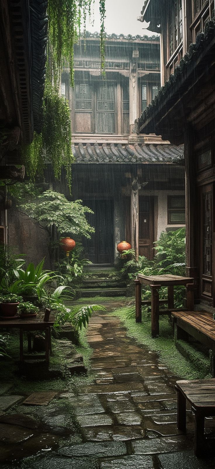 an old courtyard with benches and tables in the rain, surrounded by lush green plants