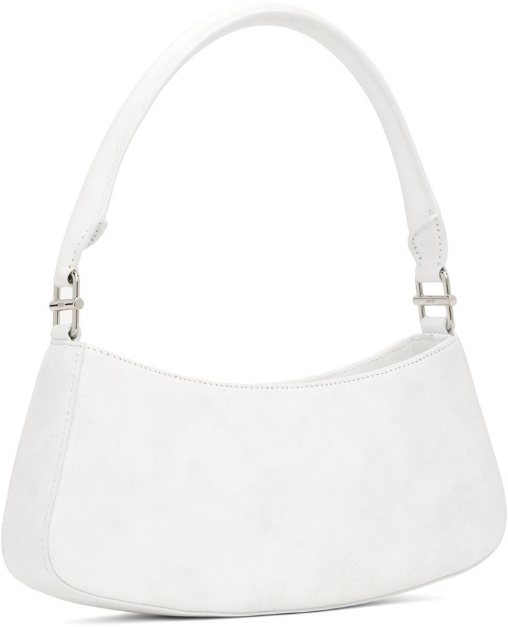 Pebbled leather shoulder bag in white. · Rolled carry handle · Pin-buckle strap detail at face · Zip closure · Card slot at interior · Faux-suede lining · H5 x W11.5 x D32 in Supplier color: Marble white Color Marble, Luxury Streetwear, Pebbled Leather, Faux Suede, Leather Shoulder Bag, Marble, Perfect Clothing, Buckle, Shoulder Bag